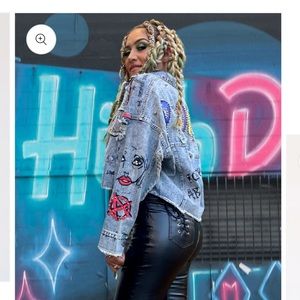 Distressed patchwork Denim jacket with rhinestones Woman piece statement jacket